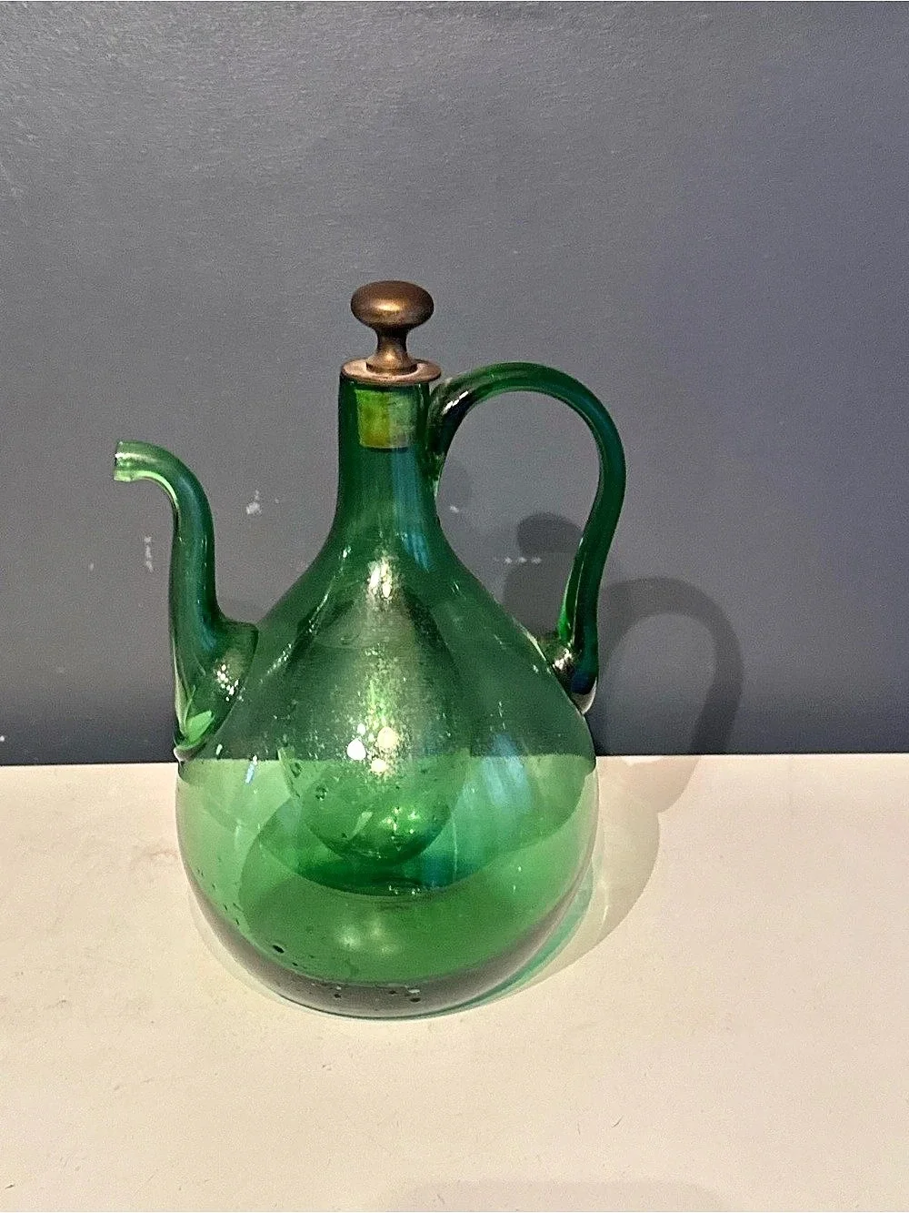Glass Decanter Green Vintage Italian Hand Blown Mid Century Bar Decor